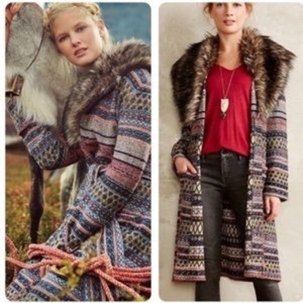 Angel Of The North Multicolor Patterned Coat with Faux Fur Collar